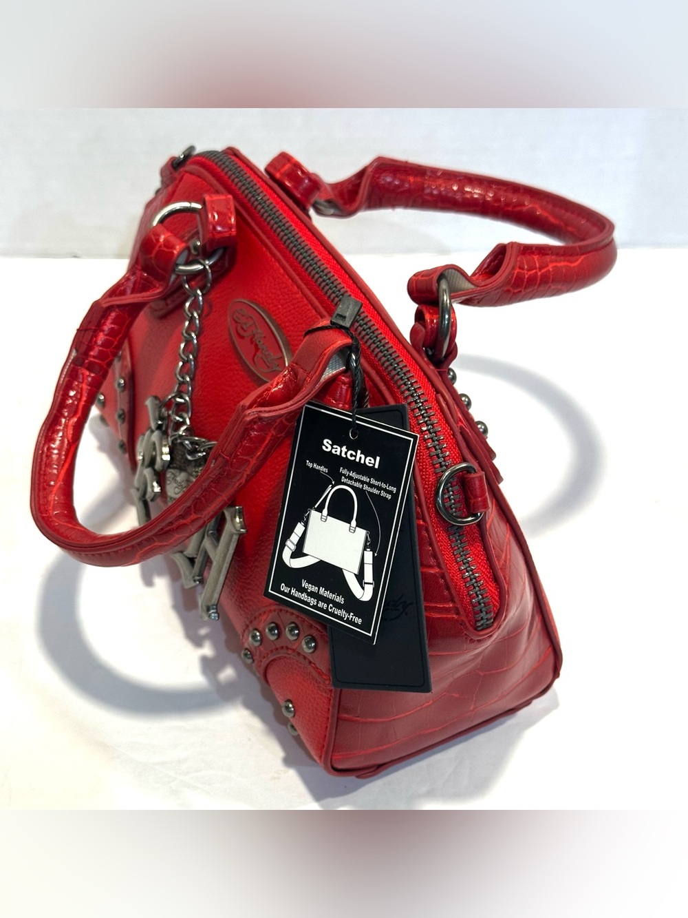 Ed Hardy Red  Satchel Handbag with Charm Accents - Picture 6 of 13